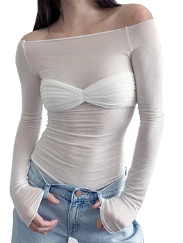 Seksi Kapalı Omuz Uzun Kollu T-Shirt Kadın İnce Katı Çok Yönlü T-Shirt Yaz Sonbahar Kadın Moda Sıska Üstleri Streetwear