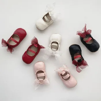 Bebek Kız Prenses Ayakkabı İlkbahar Sonbahar Kore Bale Tarzı Pembe Baskı Yay Yumuşak Alt kaymaz Moda deri ayakkabı