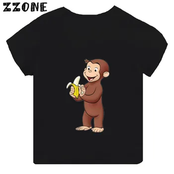 Meraklı George Komik Maymun Baskı Karikatür Çocuk T-shirt Kız Elbise Bebek Erkek Siyah Kısa Kollu T gömlek Çocuk Tops, TH5266