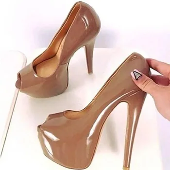 Kahverengi Patent Deri Peep Toe Platformu Pompaları Süper Yüksek 16cm Topuklu Kadın Elbise Ayakkabı Sığ Slip-on Parti Düğün Ayakkabı Gelin