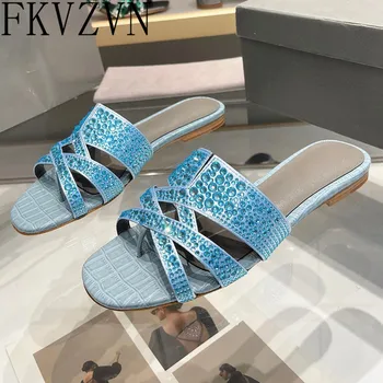 Seksi Kristaller Bölünmüş Ayak Terlik Elmas Ayakkabı Kadınlar Üzerinde Kayma İçi Boş Ayakkabı Moda Taş Desen Flats Sandalet