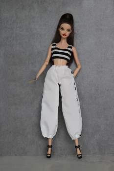 Giyim seti / siyah şerit üst + beyaz pantolon / 30cm bebek yaz giyim giyim takım elbise kıyafet 1/6 Xinyi FR ST barbie bebek